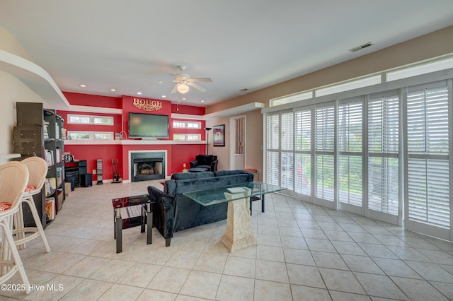 7120 Orchard Trce, Wilmington, NC 28409 - living room with a ceiling fan, tile patterned floors, a fireplace, and recessed lighting
