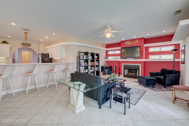 7120 Orchard Trce, Wilmington, NC 28409 - living room with light tile patterned flooring, a ceiling fan, recessed lighting, and healthy amount of natural light