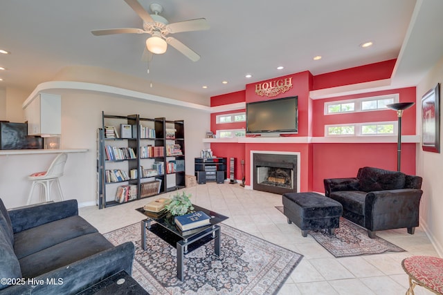 7120 Orchard Trce, Wilmington, NC 28409 - living area featuring tile patterned floors, recessed lighting, a fireplace, ceiling fan, and baseboards