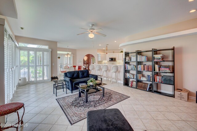 7120 Orchard Trce, Wilmington, NC 28409 - living room featuring a ceiling fan, light tile patterned floors, and recessed lighting