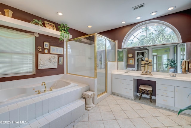 7120 Orchard Trce, Wilmington, NC 28409 - full bathroom with a bath, double vanity, a stall shower, tile patterned flooring, and recessed lighting