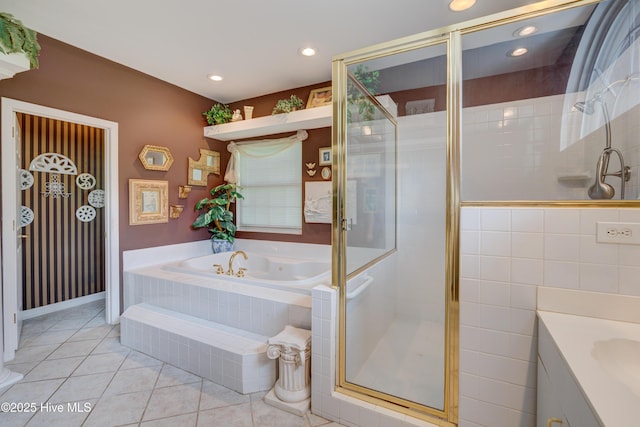 7120 Orchard Trce, Wilmington, NC 28409 - full bath featuring tile patterned flooring, a bath, a shower stall, vanity, and recessed lighting