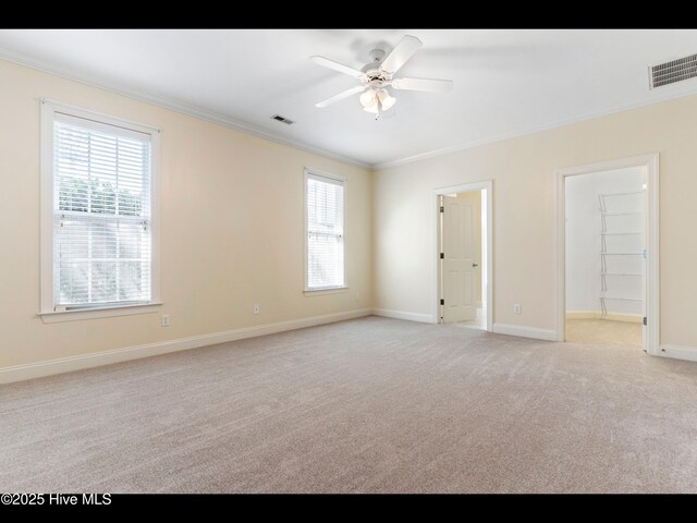 822 Lambrook Dr, Wilmington, NC 28411 - spare room featuring ornamental molding, light carpet, ceiling fan, plenty of natural light, and baseboards