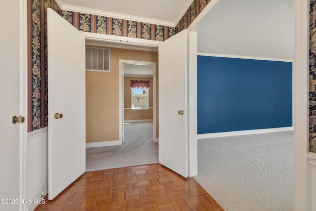 3007 Camelot Dr, Kinston, NC 28504 - hallway with baseboards, crown molding, and carpet floors