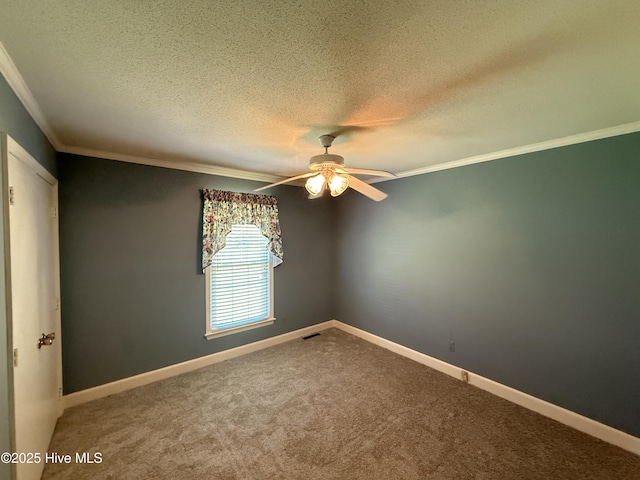 3007 Camelot Dr, Kinston, NC 28504 - empty room with crown molding, a ceiling fan, carpet flooring, a textured ceiling, and baseboards