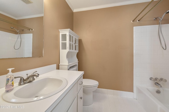 3007 Camelot Dr, Kinston, NC 28504 - bathroom with vanity, toilet, shower / washtub combination, ornamental molding, and tile patterned flooring