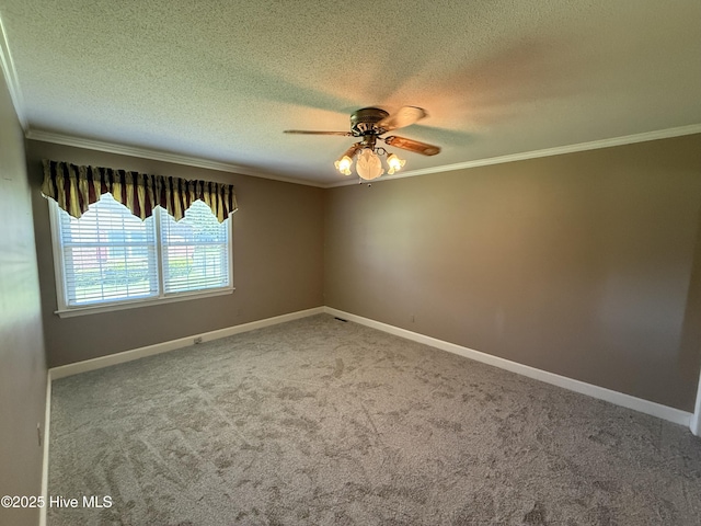 3007 Camelot Dr, Kinston, NC 28504 - carpeted spare room with crown molding, ceiling fan, a textured ceiling, and baseboards