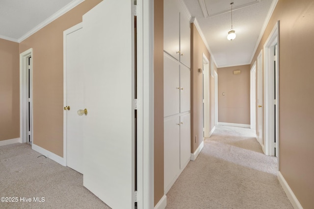 3007 Camelot Dr, Kinston, NC 28504 - hallway with light colored carpet, crown molding, attic access, and baseboards