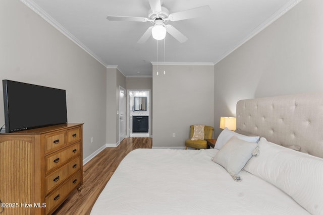 395 S Crow Creek Dr Unit 1511, Calabash, NC 28467 - bedroom with wood finished floors, baseboards, ensuite bath, crown molding, and a ceiling fan