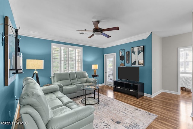 395 S Crow Creek Dr Unit 1511, Calabash, NC 28467 - living room featuring ceiling fan, baseboards, wood finished floors, and ornamental molding