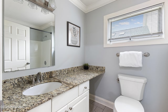 2415 Circle St, Wilmington, NC 28403 - full bathroom featuring toilet, vanity, baseboards, a shower, and ornamental molding