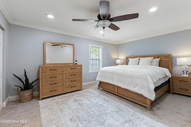 2415 Circle St, Wilmington, NC 28403 - bedroom with light carpet, ornamental molding, baseboards, recessed lighting, and a ceiling fan