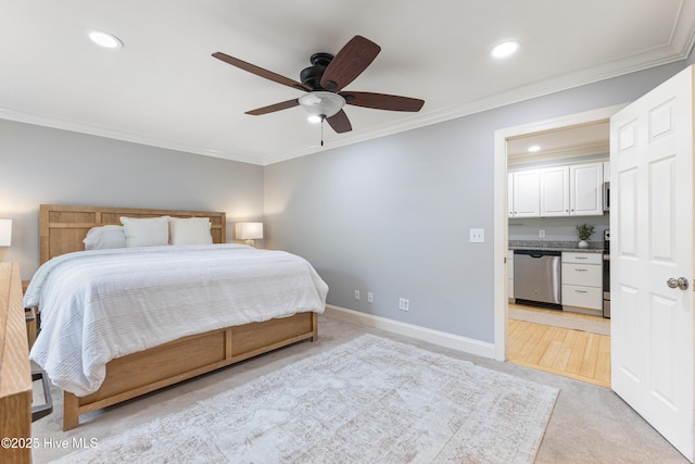 2415 Circle St, Wilmington, NC 28403 - bedroom featuring light carpet, recessed lighting, ornamental molding, baseboards, and a ceiling fan