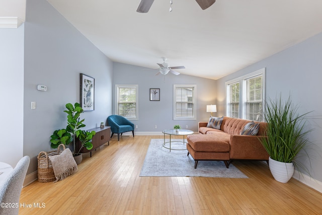 2415 Circle St, Wilmington, NC 28403 - living room with ceiling fan, lofted ceiling, light wood finished floors, and baseboards