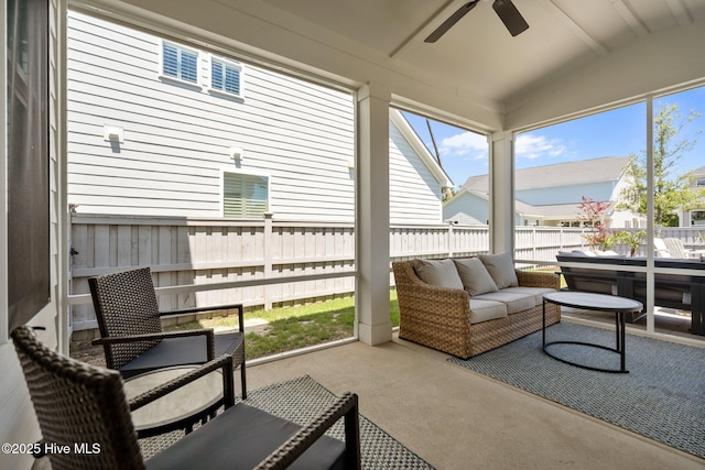 3625 Mason Port Dr, Wilmington, NC 28409 - sunroom / solarium featuring ceiling fan, vaulted ceiling, a jacuzzi, and outdoor lounge area