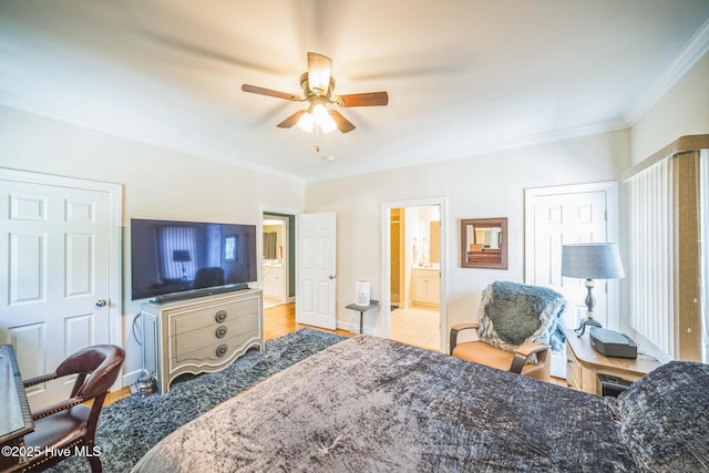 6428 Salem Ridge Dr, Grifton, NC 28530 - bedroom with crown molding, ensuite bathroom, baseboards, and a ceiling fan