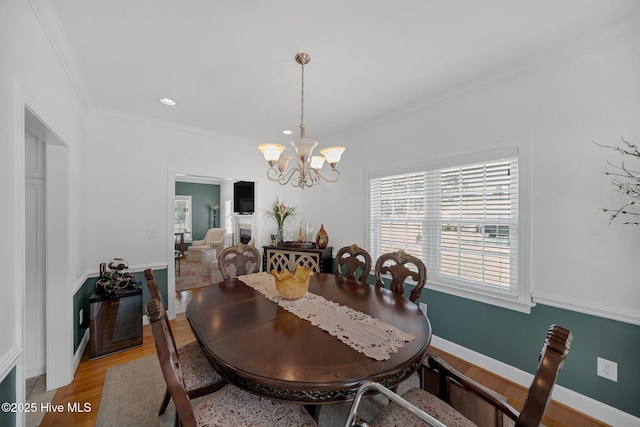 6428 Salem Ridge Dr, Grifton, NC 28530 - dining space with a chandelier, ornamental molding, light wood-style flooring, recessed lighting, and baseboards