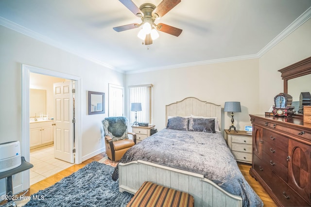 6428 Salem Ridge Dr, Grifton, NC 28530 - bedroom featuring ornamental molding, wood finished floors, ensuite bathroom, a ceiling fan, and baseboards