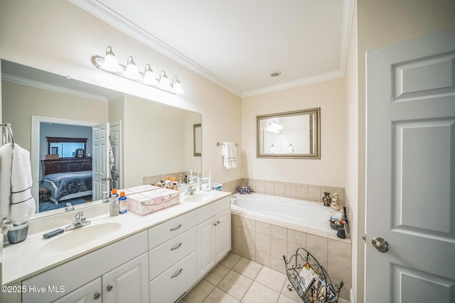 6428 Salem Ridge Dr, Grifton, NC 28530 - bathroom with tile patterned flooring, double vanity, ornamental molding, a garden tub, and ensuite bath
