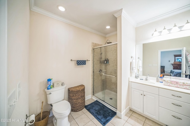 6428 Salem Ridge Dr, Grifton, NC 28530 - bathroom featuring connected bathroom, tile patterned floors, vanity, a stall shower, and ornamental molding