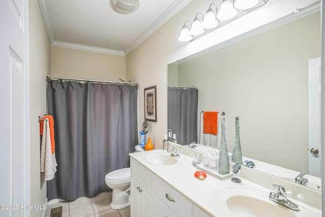 6428 Salem Ridge Dr, Grifton, NC 28530 - bathroom featuring tile patterned flooring, double vanity, ornamental molding, toilet, and a shower with curtain