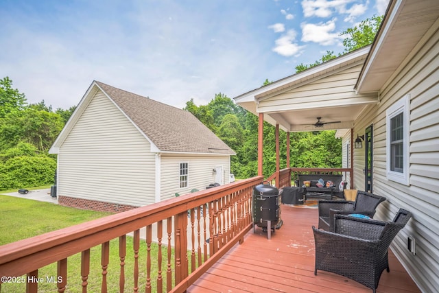 6428 Salem Ridge Dr, Grifton, NC 28530 - deck featuring ceiling fan, an outdoor living space, and a lawn