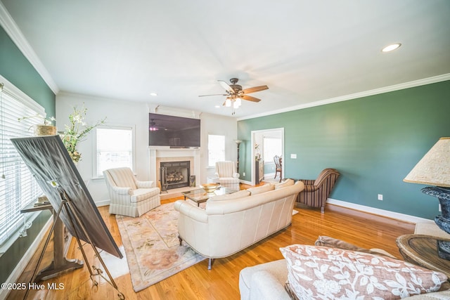 6428 Salem Ridge Dr, Grifton, NC 28530 - living area featuring wood finished floors, a fireplace, ceiling fan, crown molding, and baseboards