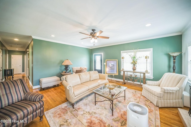 6428 Salem Ridge Dr, Grifton, NC 28530 - living room with ceiling fan, wood finished floors, baseboards, recessed lighting, and crown molding