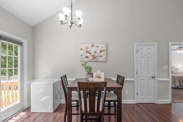 905 Sebring Dr, Winterville, NC 28590 - dining room featuring wood finished floors, a chandelier, baseboards, and lofted ceiling