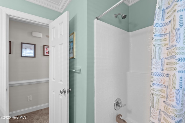 905 Sebring Dr, Winterville, NC 28590 - bathroom featuring shower / bathtub combination with curtain, baseboards, and crown molding