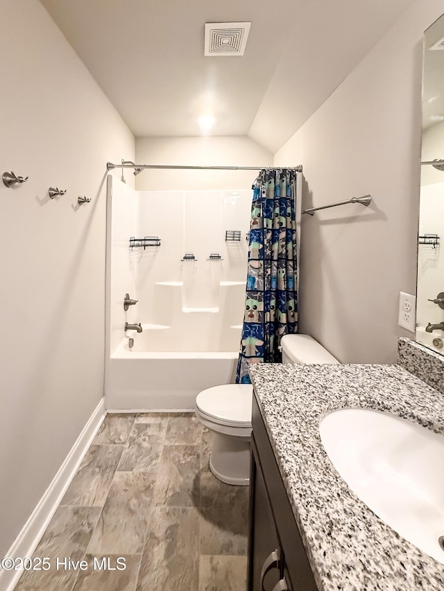 126 Vick Ave, Carthage, NC 28327 - bathroom featuring vanity, toilet, shower / bathtub combination with curtain, and baseboards