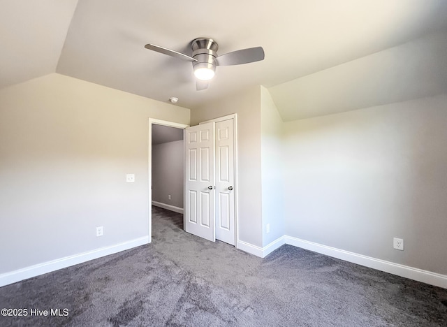 126 Vick Ave, Carthage, NC 28327 - unfurnished bedroom featuring lofted ceiling, carpet, baseboards, ceiling fan, and a closet