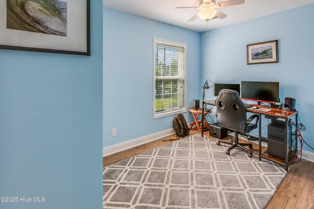 2003 Riverview Ln, Morehead City, NC 28557 - office area featuring ceiling fan, wood finished floors, and baseboards