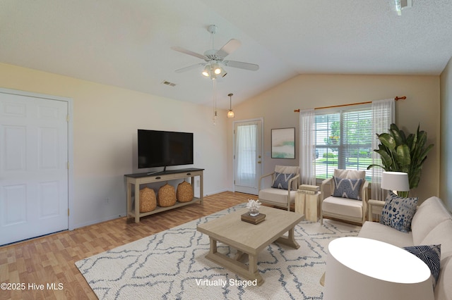 435 Foxfield Ct, Wilmington, NC 28411 - living room with wood finished floors, a ceiling fan, lofted ceiling, and baseboards