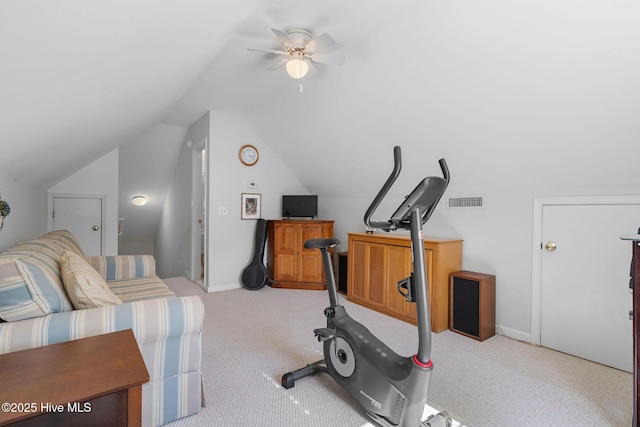 4156 Buckingham Ct, Southport, NC 28461 - exercise room featuring lofted ceiling, ceiling fan, and light carpet