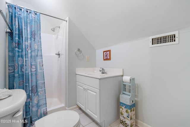 4156 Buckingham Ct, Southport, NC 28461 - full bathroom with toilet, lofted ceiling, shower / tub combo with curtain, tile patterned floors, and vanity