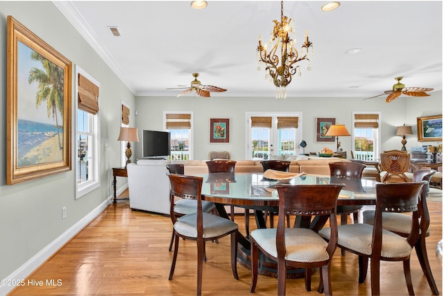 1510 N Shore Dr, Sunset Beach, NC 28468 - dining area featuring a ceiling fan, crown molding, recessed lighting, light wood finished floors, and french doors