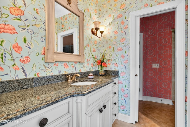 1510 N Shore Dr, Sunset Beach, NC 28468 - bathroom featuring wallpapered walls, vanity, and tile patterned floors