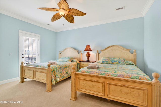 1510 N Shore Dr, Sunset Beach, NC 28468 - bedroom with crown molding, light carpet, and a ceiling fan