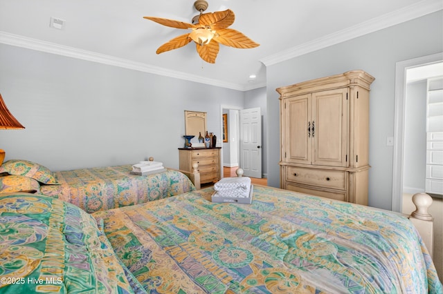 1510 N Shore Dr, Sunset Beach, NC 28468 - bedroom featuring ornamental molding, ceiling fan, and recessed lighting