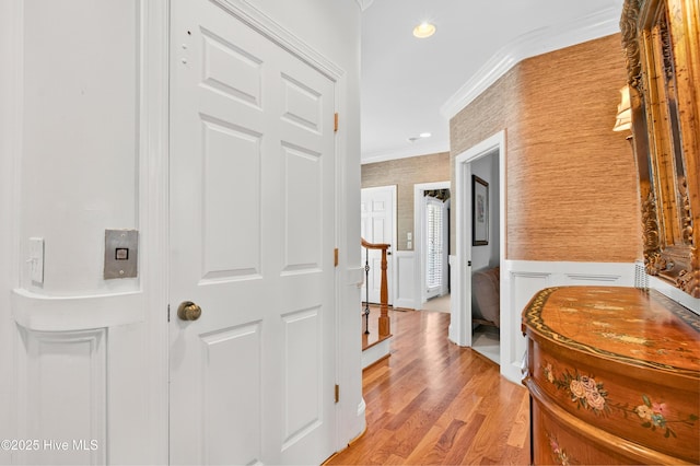 1510 N Shore Dr, Sunset Beach, NC 28468 - corridor featuring crown molding, wainscoting, light wood-style floors, recessed lighting, and wallpapered walls