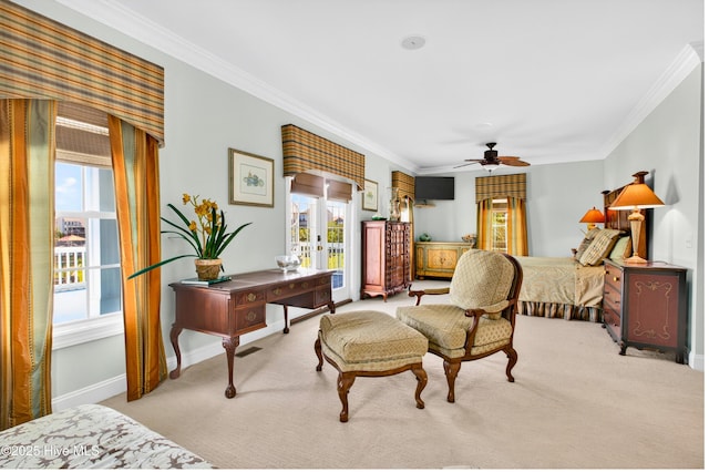 1510 N Shore Dr, Sunset Beach, NC 28468 - bedroom featuring carpet, ornamental molding, french doors, access to exterior, and ceiling fan