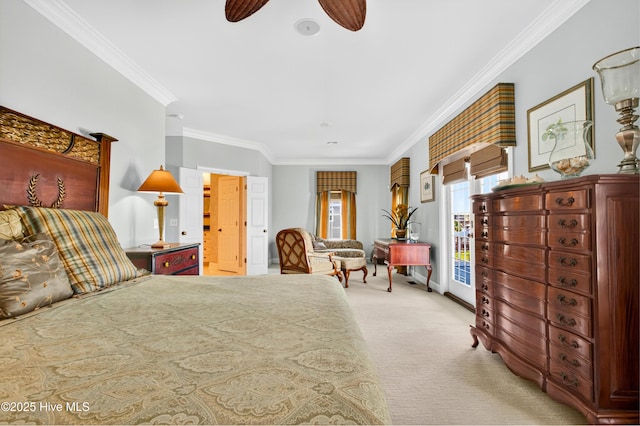 1510 N Shore Dr, Sunset Beach, NC 28468 - bedroom with light carpet, crown molding, access to exterior, and a ceiling fan
