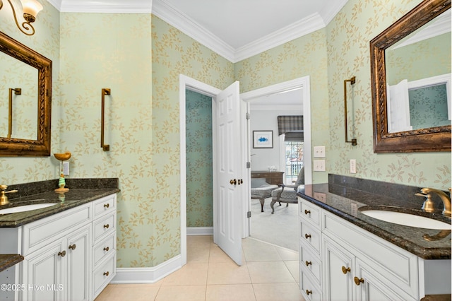 1510 N Shore Dr, Sunset Beach, NC 28468 - bathroom featuring two vanities, ornamental molding, and tile patterned flooring