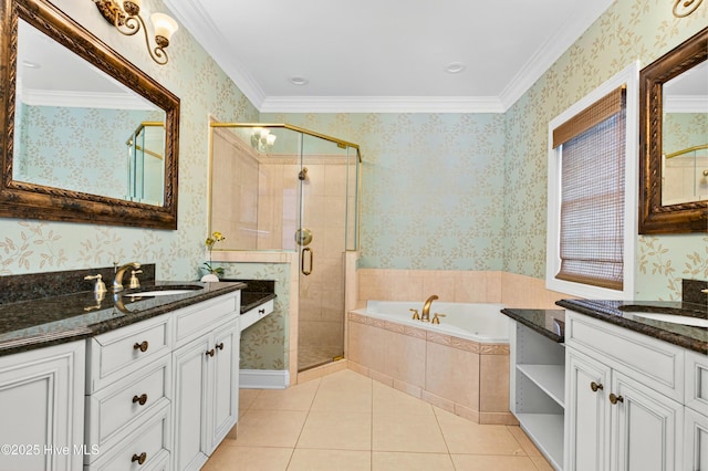 1510 N Shore Dr, Sunset Beach, NC 28468 - bathroom with wallpapered walls, two vanities, a shower stall, a garden tub, and tile patterned flooring