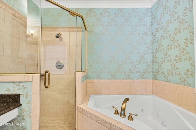 1510 N Shore Dr, Sunset Beach, NC 28468 - full bath featuring a tub with jets, a shower stall, wallpapered walls, and ornamental molding