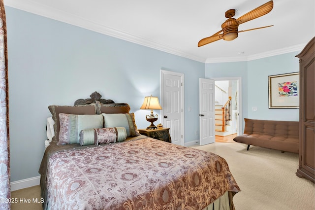 1510 N Shore Dr, Sunset Beach, NC 28468 - bedroom with light carpet, ornamental molding, and a ceiling fan