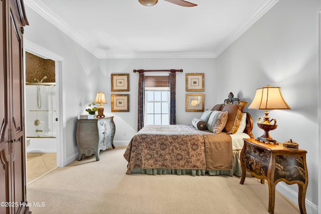 1510 N Shore Dr, Sunset Beach, NC 28468 - bedroom featuring crown molding, ensuite bathroom, and carpet floors