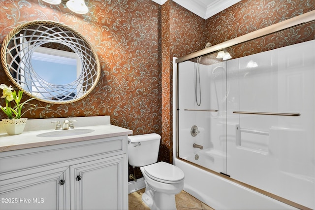 1510 N Shore Dr, Sunset Beach, NC 28468 - full bath featuring wallpapered walls, vanity, enclosed tub / shower combo, and tile patterned flooring