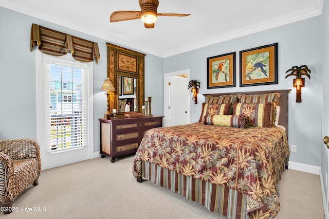 1510 N Shore Dr, Sunset Beach, NC 28468 - bedroom with light carpet, ornamental molding, and ceiling fan